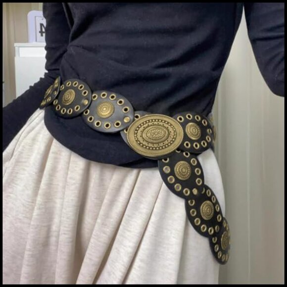 Wide Leather Concho Belt Boho Western Disc Link Adjustable Vintage Cowboy Style main image 7